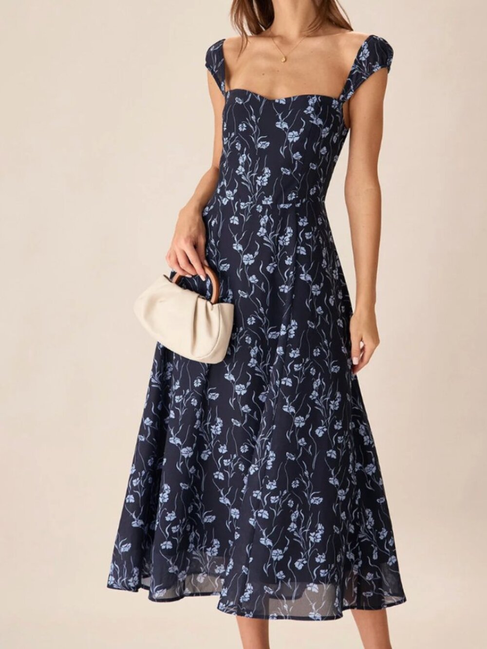 Rihoas Navy Floral Sweetheart Neck Midi Dress